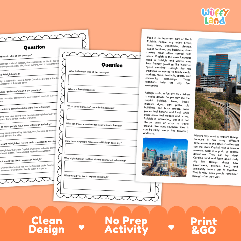 Student reading passage titled A Historic City with Parks and Trees detailing Raleigh North Carolina barbecue sweet potatoes and city photography
