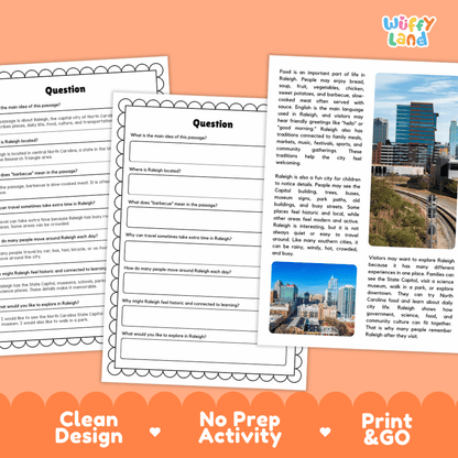 Student reading passage titled A Historic City with Parks and Trees detailing Raleigh North Carolina barbecue sweet potatoes and city photography
