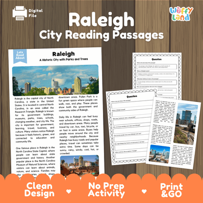 Raleigh city reading passages and comprehension worksheet educational unit featuring nonfiction text and authentic Raleigh North Carolina skyline and tree canopy photography
