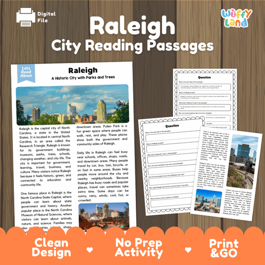 Raleigh city reading passages and comprehension worksheet educational unit featuring nonfiction text and authentic Raleigh North Carolina skyline and tree canopy photography