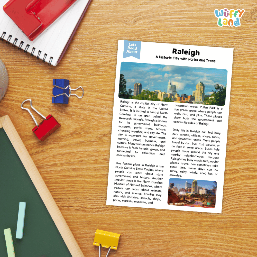 Lined reading comprehension question worksheet covering main ideas vocabulary terms and landmark facts about Raleigh North Carolina