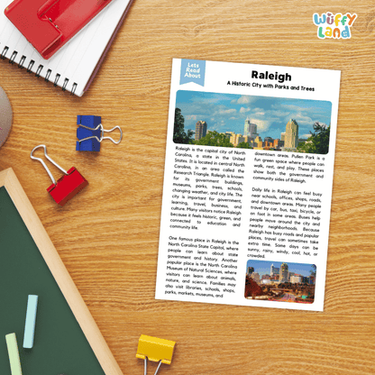 Lined reading comprehension question worksheet covering main ideas vocabulary terms and landmark facts about Raleigh North Carolina