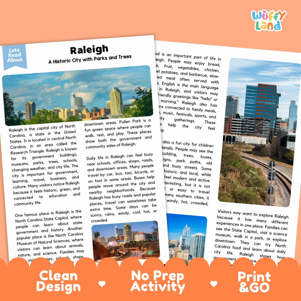 Reference sheet and answer key for Raleigh landmark reading passage displaying completed comprehension answers and United States geography facts