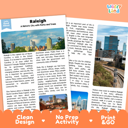 Reference sheet and answer key for Raleigh landmark reading passage displaying completed comprehension answers and United States geography facts