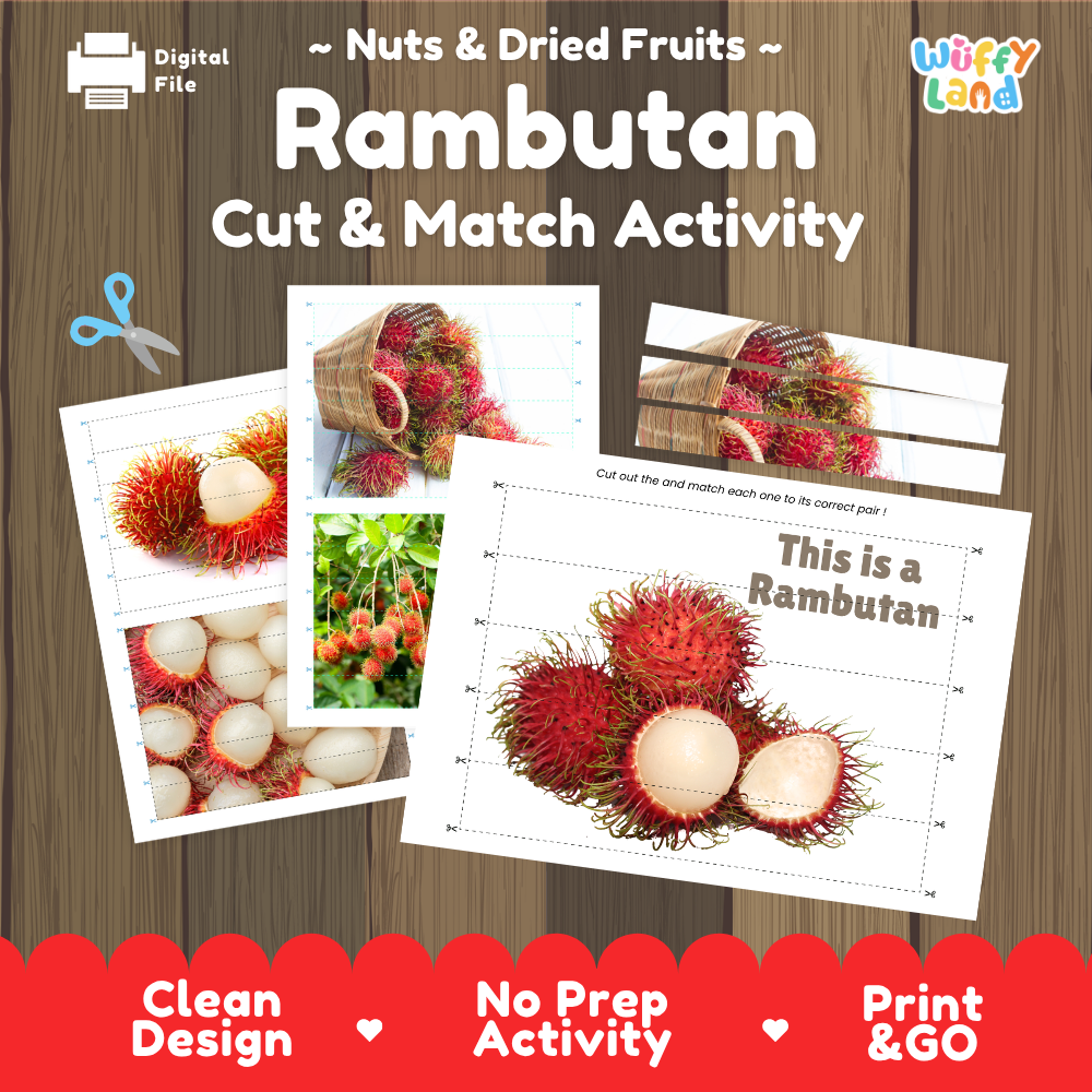 Rambutan cut and match activity cover showing printable fine motor puzzle sheets and fruit photographs