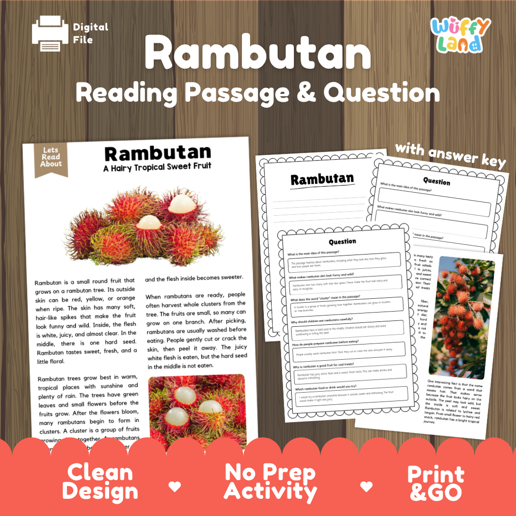 Rambutan reading comprehension passage and questions printable activity pack with answer key for elementary students