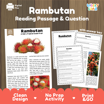 Rambutan reading comprehension passage and questions printable activity pack with answer key for elementary students