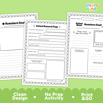 Ramshorn Snail Animal Research Worksheets and Informational Fact Sheets