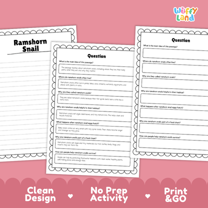 Three printable worksheet pages for a 'Ramshorn Snail' science activity are displayed on a pink background with decorative scalloped borders. The pages feature black text and lines on white paper, with the brand name 'Wiffi Land' in the top right corner.