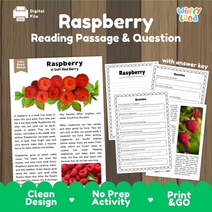 Raspberry reading comprehension passage and questions printable activity pack with answer key for elementary students