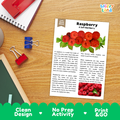 Student reading comprehension worksheet with short-answer questions and lined sections about raspberries