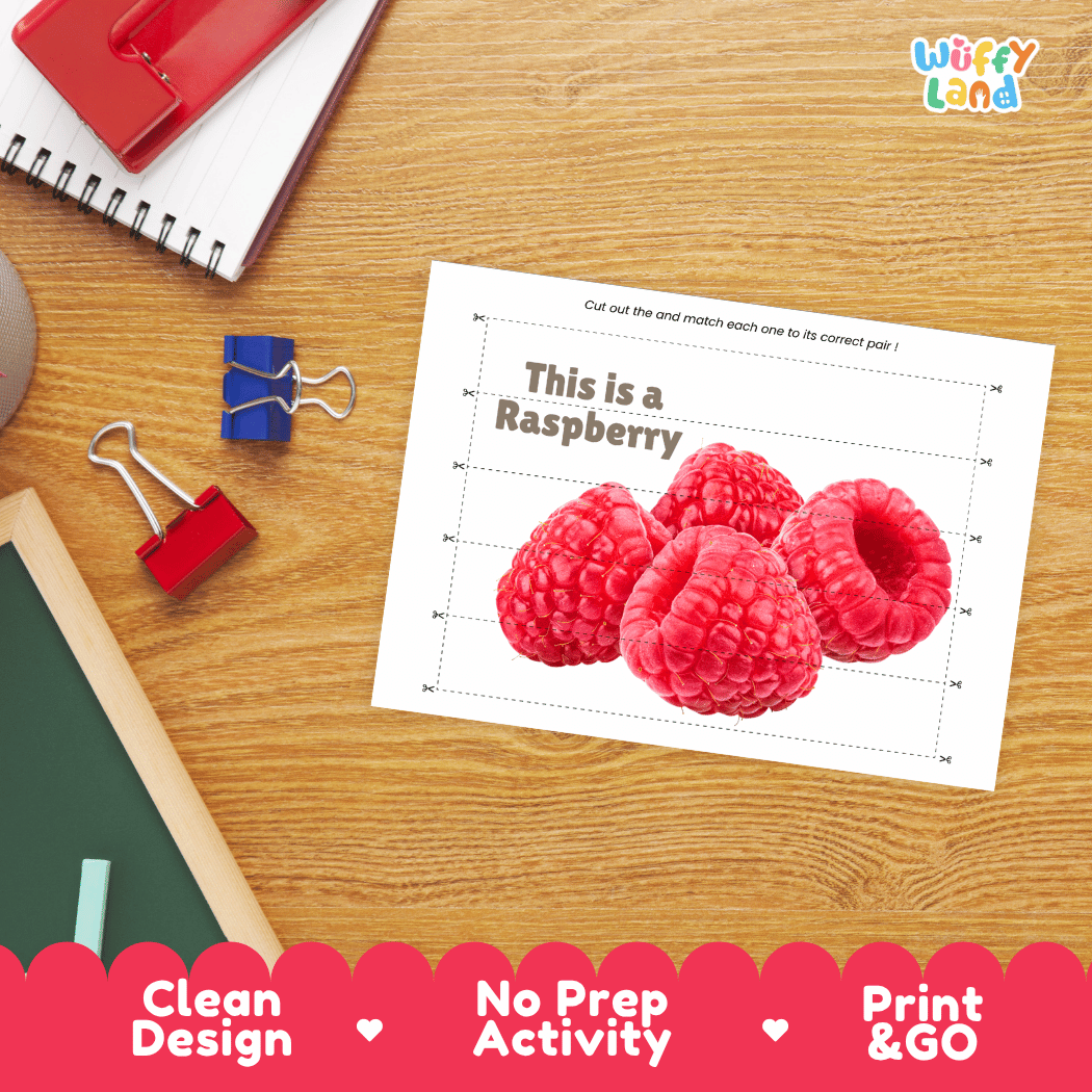 Raspberry Cut and Match Activity Worksheets | Nuts and Dried Fruits Puzzle Printables