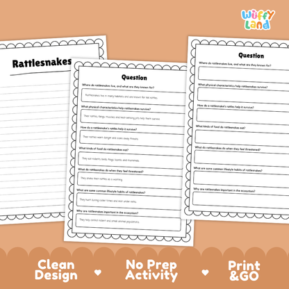 Rattlesnake Reading Passage and Comprehension Questions Worksheets