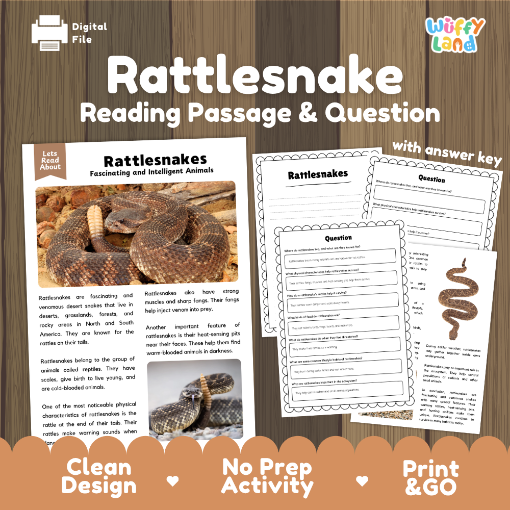 Rattlesnake Reading Passage and Comprehension Questions Worksheets
