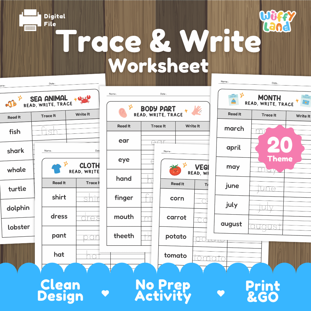 Digital printable worksheet cover for 'Trace & Write Worksheet' by Wiffy Land, featuring three sample pages for sea animals, body parts, and months on a wood background with blue promotional banner at the bottom.