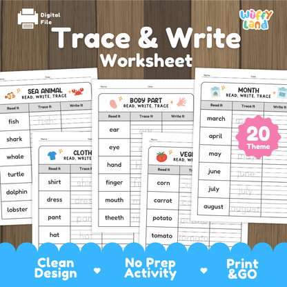 Digital printable worksheet cover for 'Trace & Write Worksheet' by Wiffy Land, featuring three sample pages for sea animals, body parts, and months on a wood background with blue promotional banner at the bottom.