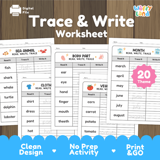 Digital printable worksheet cover for 'Trace & Write Worksheet' by Wiffy Land, featuring three sample pages for sea animals, body parts, and months on a wood background with blue promotional banner at the bottom.
