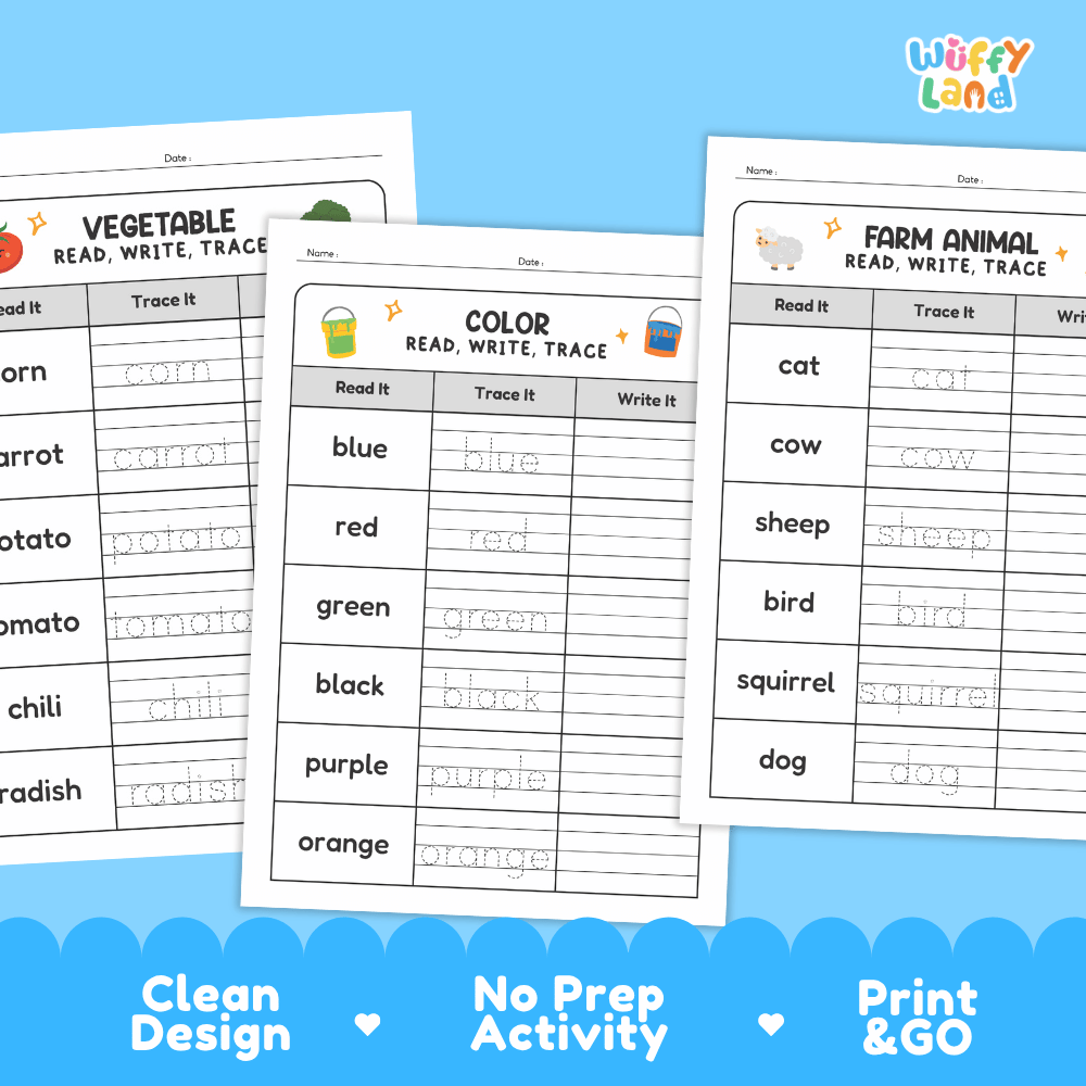Three printable worksheet pages from Wiffy Land are shown on a bright blue background. The pages feature tracing activities for vegetables, colors, and farm animals, with columns for read, trace, and write.