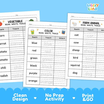 Three printable worksheet pages from Wiffy Land are shown on a bright blue background. The pages feature tracing activities for vegetables, colors, and farm animals, with columns for read, trace, and write.