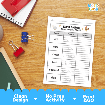 A children's tracing worksheet titled 'Farm Animal Read, Write, Trace' laid on a wooden desk with school supplies around it. The sheet includes columns for Read It, Trace It, and Write It, with farm animal names such as cat, cow, sheep, bird, squirrel, and dog.