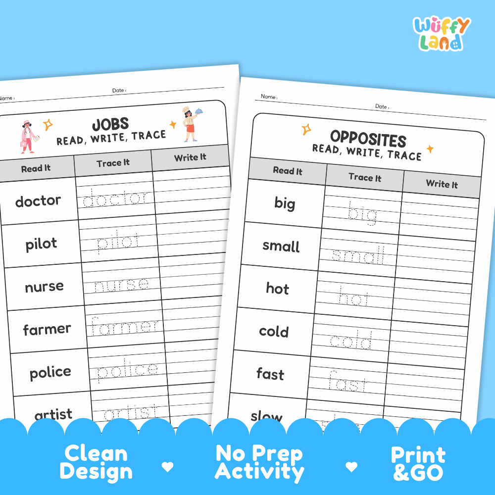 Two printable worksheet pages from Wiffy Land shown on a light blue background. The left page is titled 'JOBS READ, WRITE, TRACE' with words like doctor, pilot, nurse, and farmer.