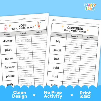 Two printable worksheet pages from Wiffy Land shown on a light blue background. The left page is titled 'JOBS READ, WRITE, TRACE' with words like doctor, pilot, nurse, and farmer.