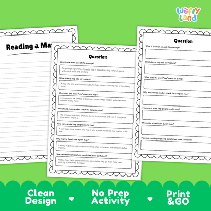 Informational reading passage page detailing map reading skills compass rose map key title and scale with photos