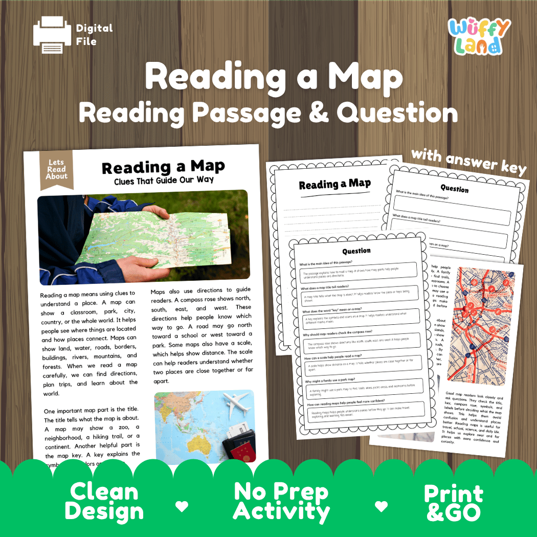 Reading a map reading comprehension passage and questions printable activity pack with answer key for elementary students