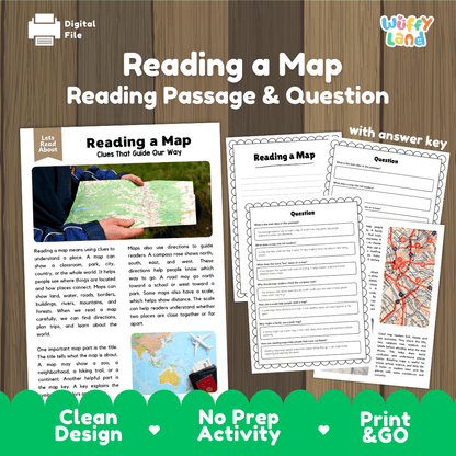 Reading a map reading comprehension passage and questions printable activity pack with answer key for elementary students