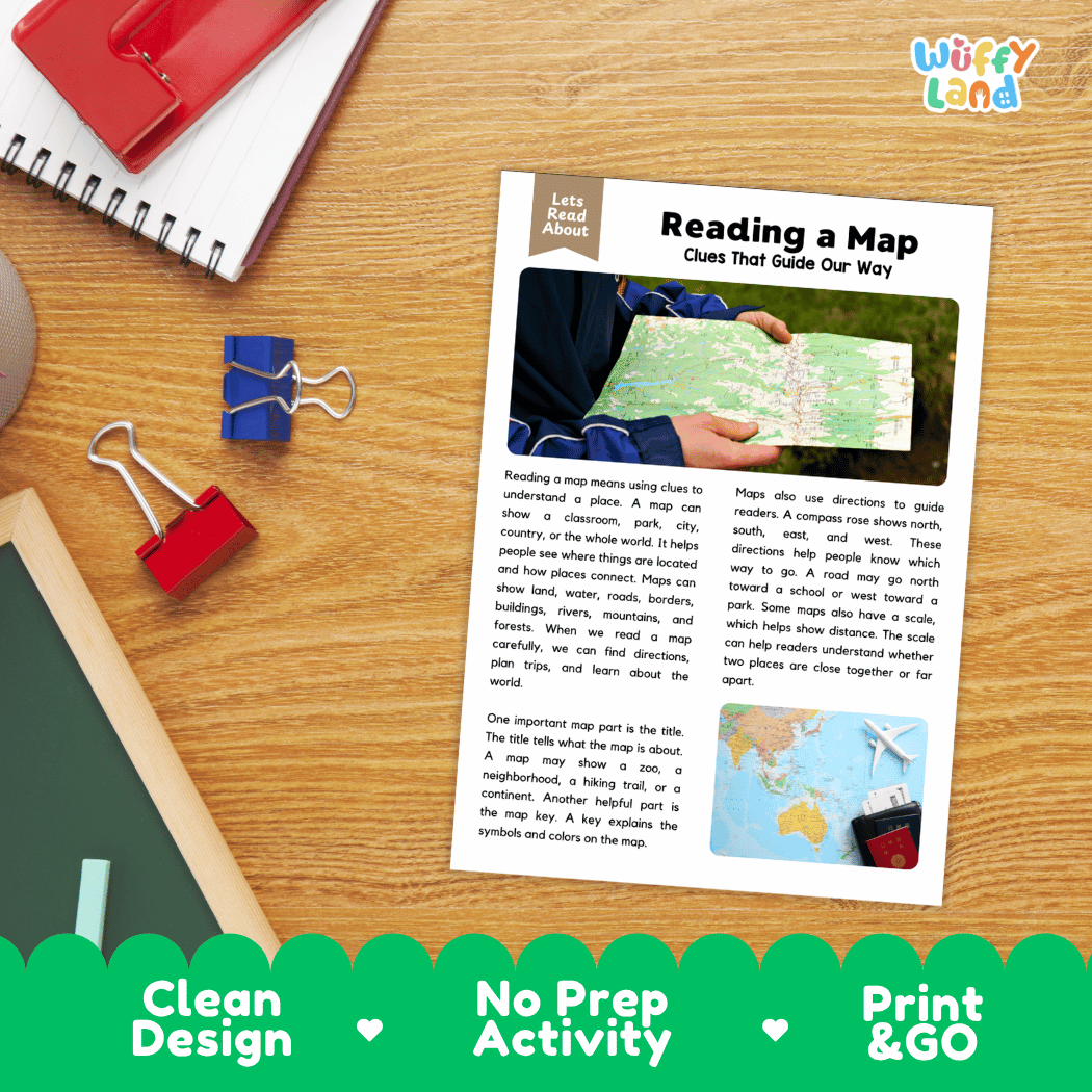 Student reading comprehension worksheet with short-answer questions and lined sections about reading maps