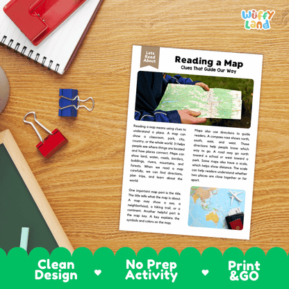 Student reading comprehension worksheet with short-answer questions and lined sections about reading maps