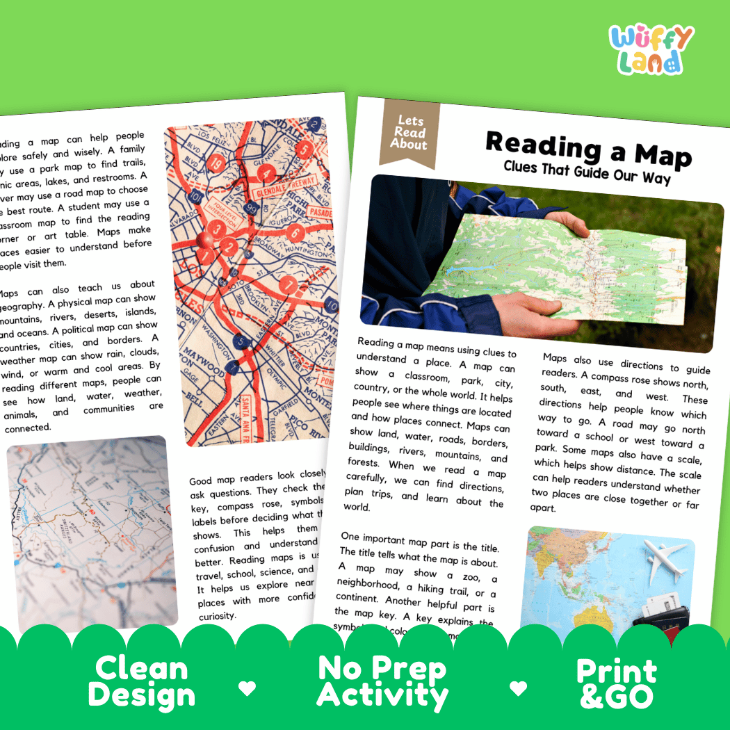 Teacher answer key page showing complete question solutions for reading a map comprehension practice