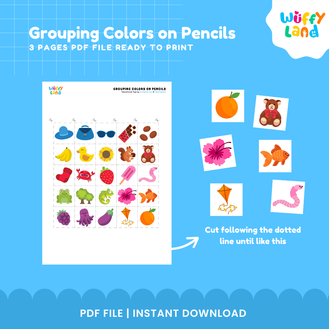 Early learning cutout cards displaying red crab, orange, teddy bear, hibiscus flower, and goldfish for color sorting 🦀🌸