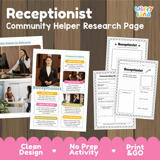 Receptionist community helper research page writing worksheets pack featuring real photos and student activity pages for elementary social studies and life skills