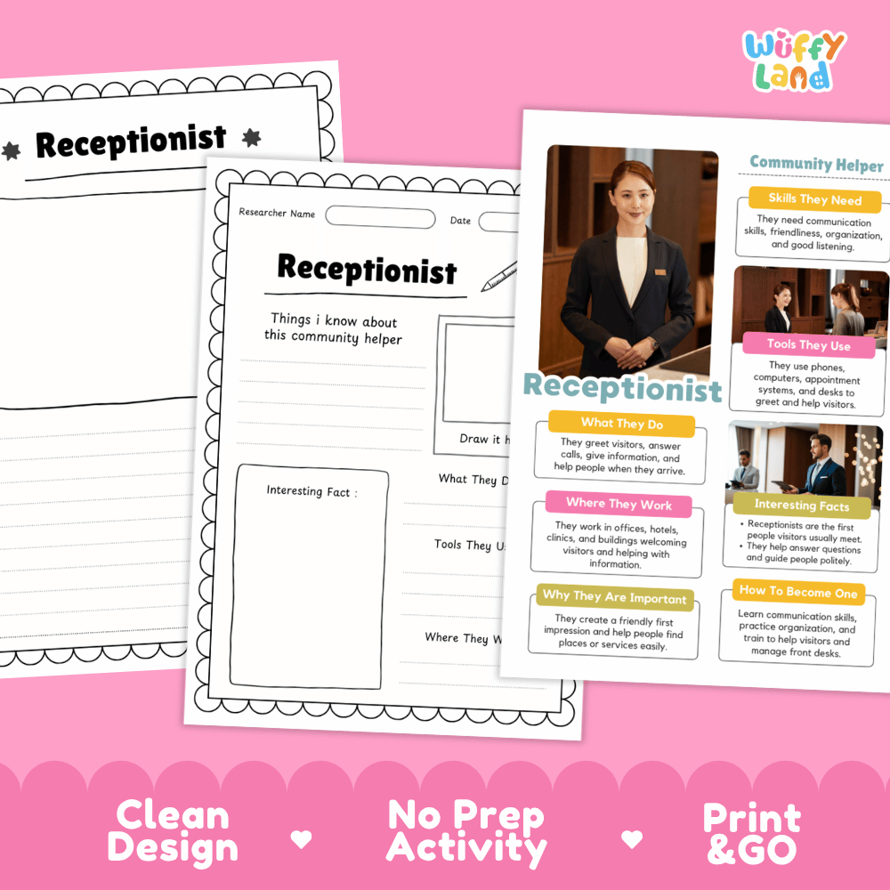 Educational reference poster with real photography showing receptionist duties, front desk phone and computer tools, office workplace, and career facts