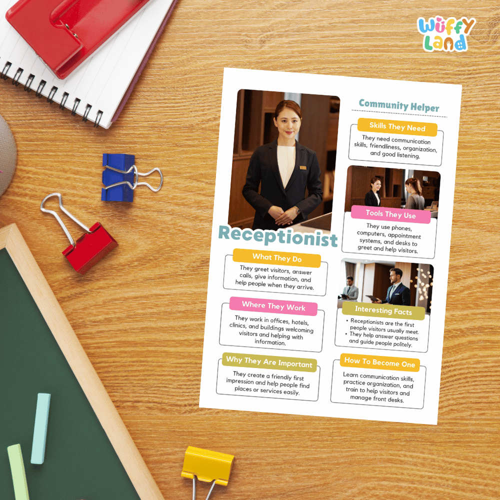 Guided student writing worksheets with lined sections for recording facts and a dedicated box for drawing or pasting a picture of a receptionist