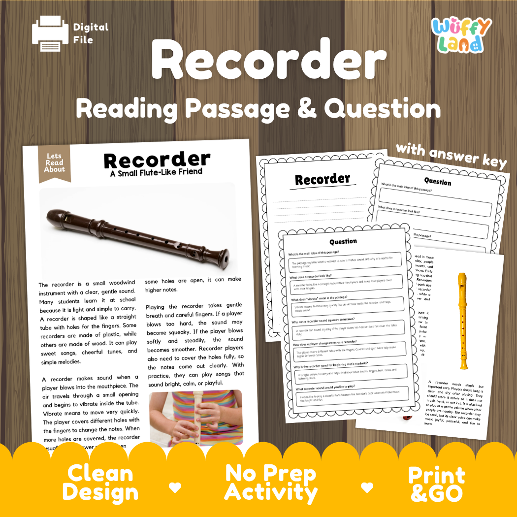 Recorder reading comprehension passage and questions printable activity pack with answer key for elementary students