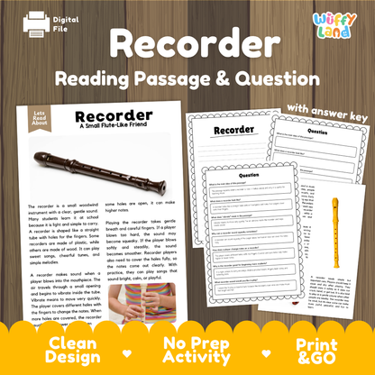 Recorder reading comprehension passage and questions printable activity pack with answer key for elementary students
