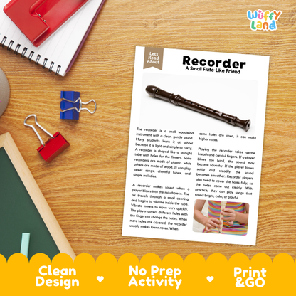 Student reading comprehension worksheet with short-answer questions and lined sections about the recorder instrument