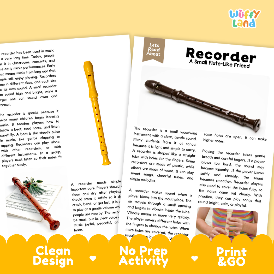 Teacher answer key page showing complete question solutions for Recorder music education reading comprehension practice