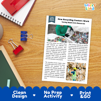 Printable student worksheet with short-answer reading comprehension questions covering recycling and environmental science