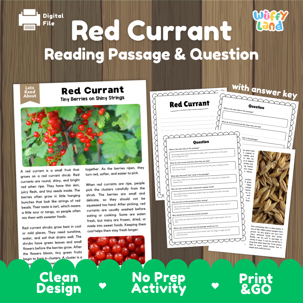 Red currant reading comprehension passage and questions printable activity pack with answer key for elementary students
