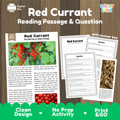 Red currant reading comprehension passage and questions printable activity pack with answer key for elementary students