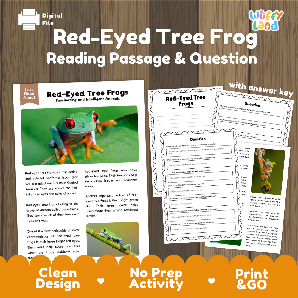 Red-Eyed Tree Frog Reading Passage and Comprehension Questions with Answer Key Worksheets
