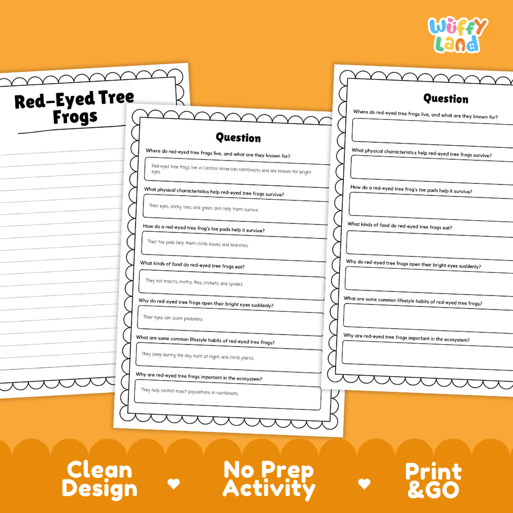 Red-Eyed Tree Frog Reading Passage and Comprehension Questions with Answer Key Worksheets