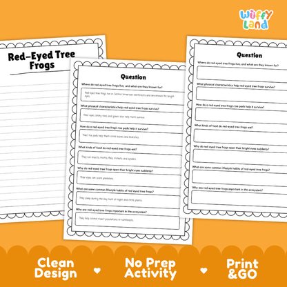 Red-Eyed Tree Frog Reading Passage and Comprehension Questions with Answer Key Worksheets