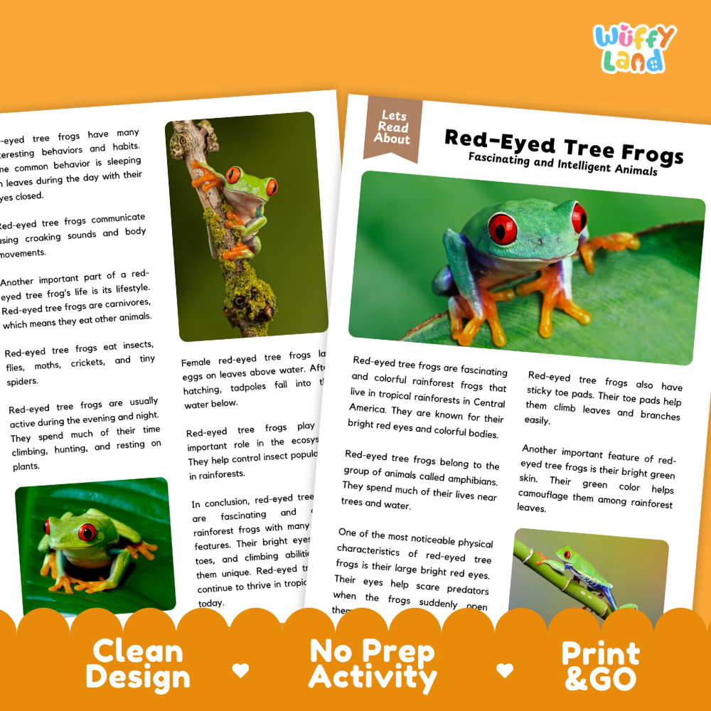 Red-Eyed Tree Frog Reading Passage and Comprehension Questions with Answer Key Worksheets
