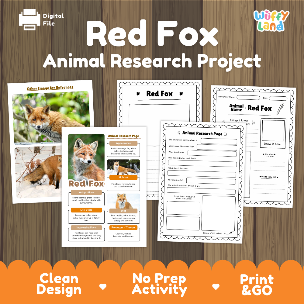 Digital preview for a 'Red Fox Animal Research Project' activity bundle by Wiffly Land, showing printable worksheets and reference pages on a wood background with orange feature banners.