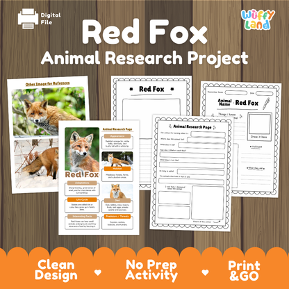 Digital preview for a 'Red Fox Animal Research Project' activity bundle by Wiffly Land, showing printable worksheets and reference pages on a wood background with orange feature banners.