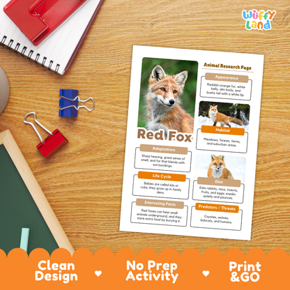 A printed educational activity sheet titled 'RedfFox: Animal Research Page' lies on a wooden desk. The sheet features a photo of a red fox, labeled facts, and sections for adaptations, habitat, diet, life cycle, and interesting facts.
